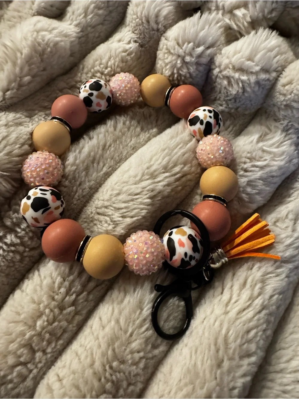 Beaded bracelet Keychain - Pink, Tan & Leopard Print